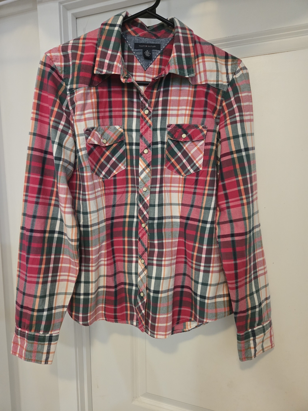Tommy Hilfiger Red, Green and Orange Plaid Snap-Front Shirt Size M